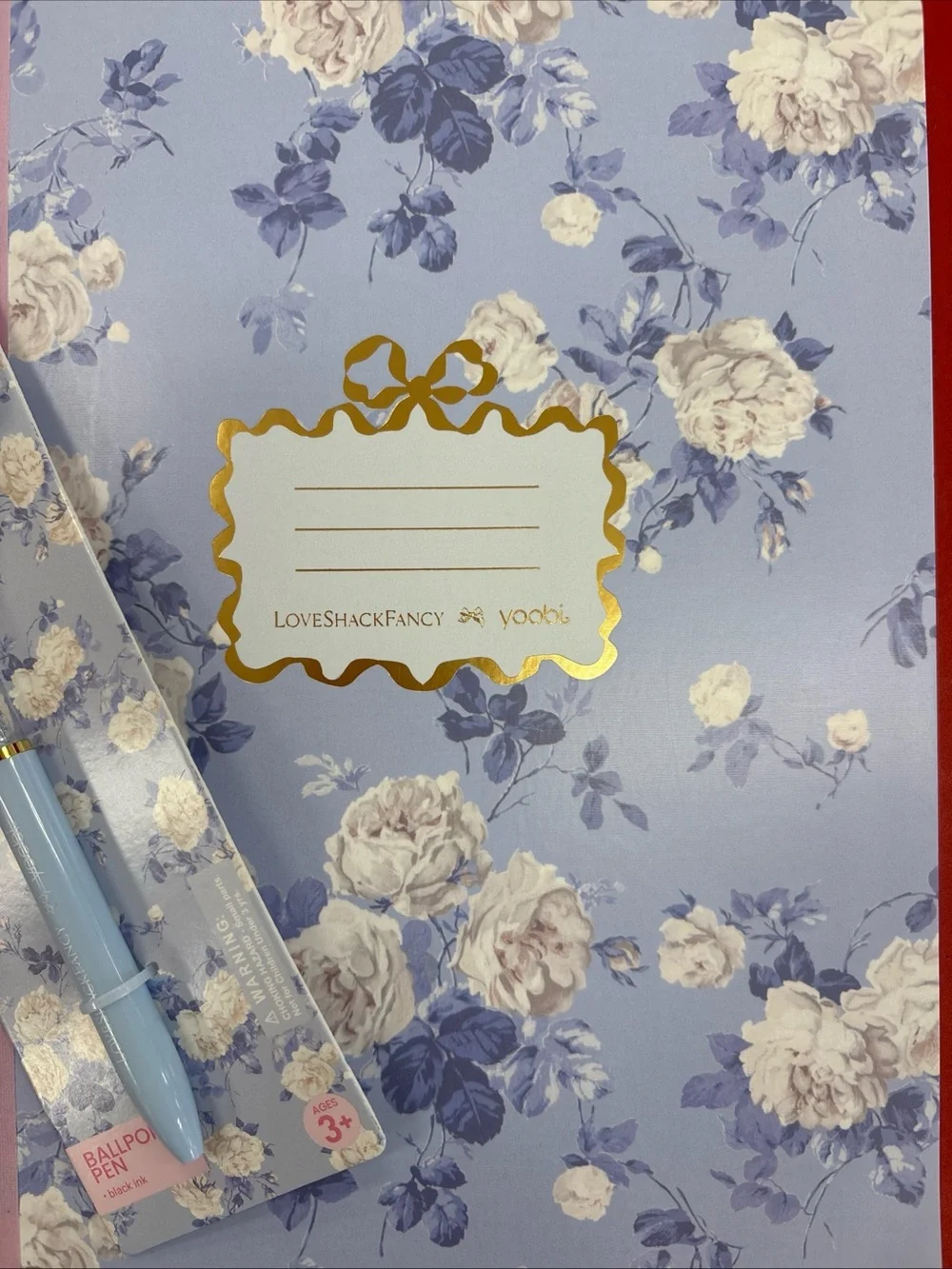 LoveShackFancy Light Blue Floral Notebook with Bow Pen Set